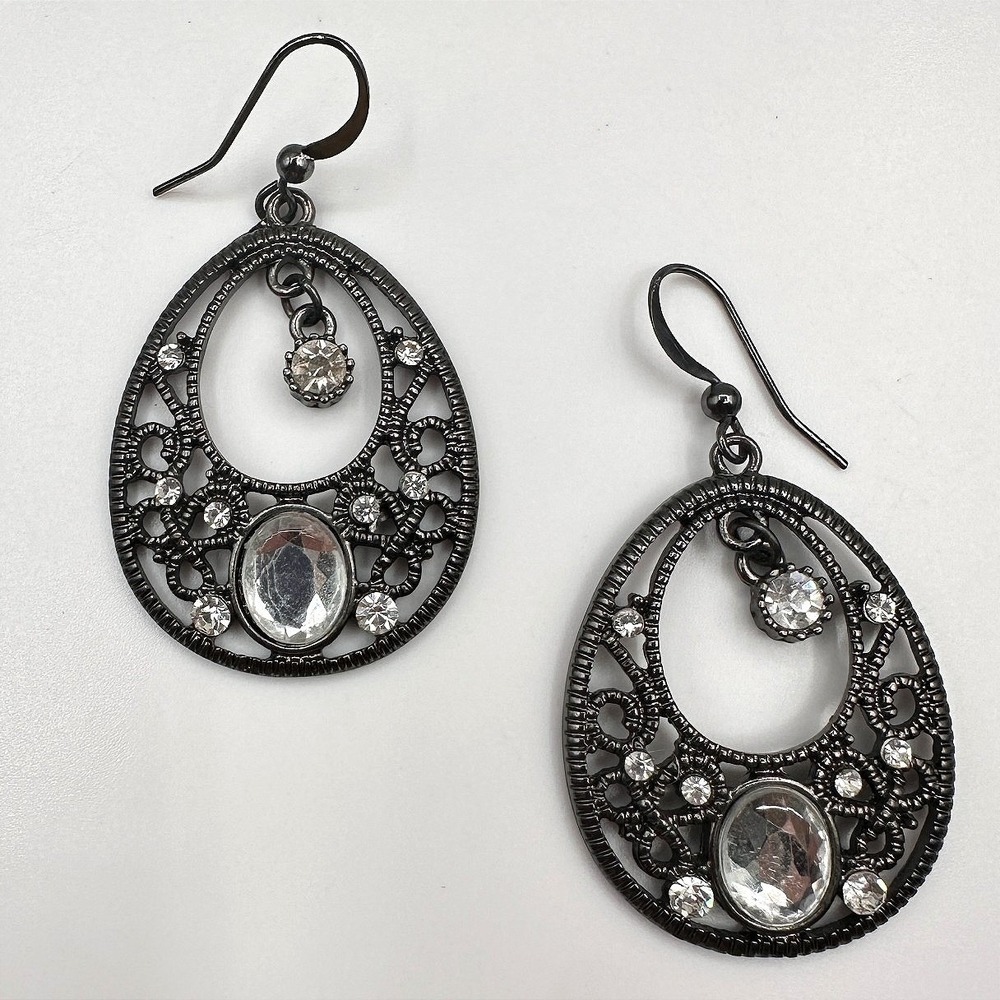 Vintage 90s Clear Rhinestone Filigree Teardrop Dangle Earrings Women's Jewelry